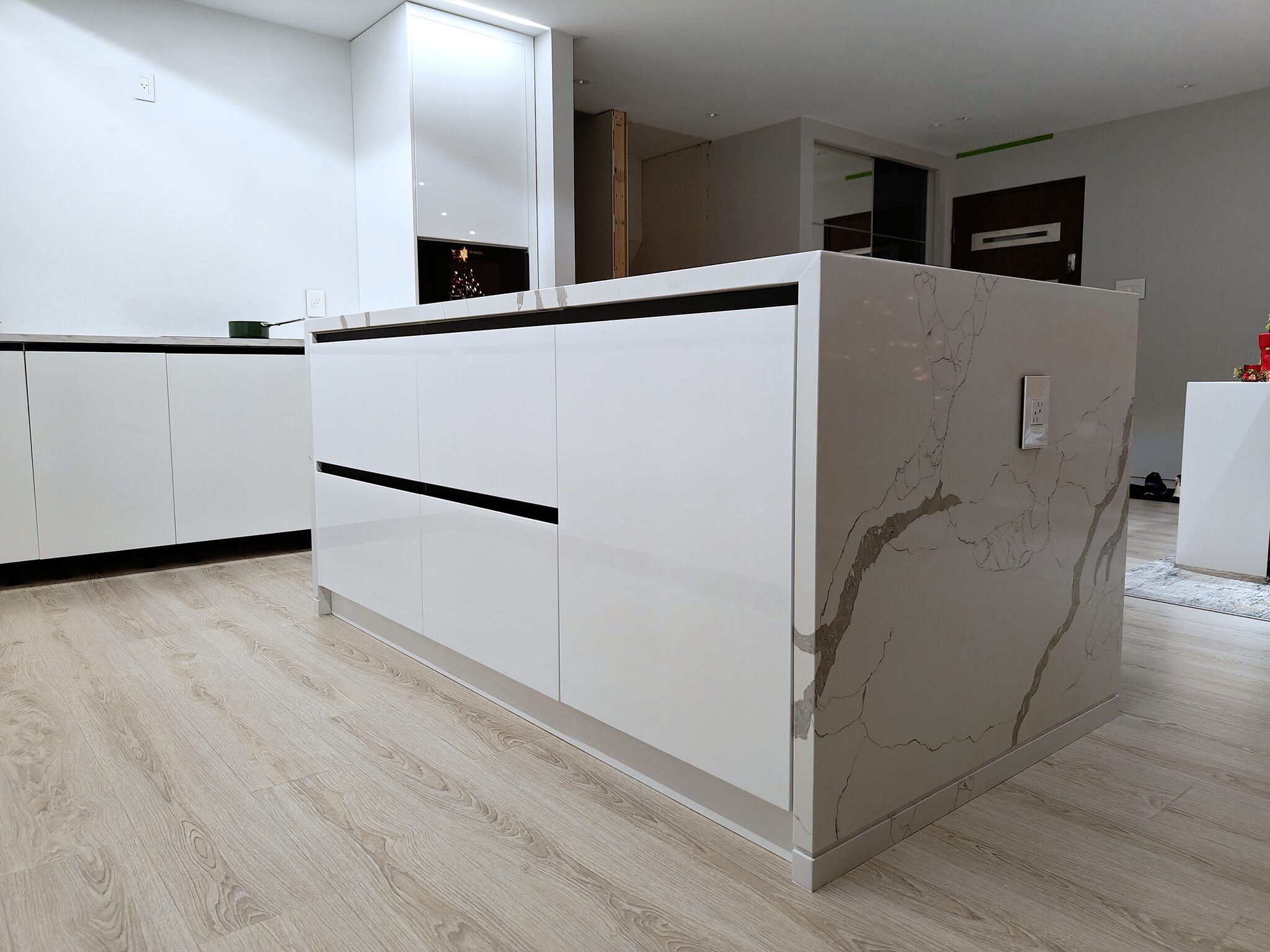 Island drawers and waterfall stone end