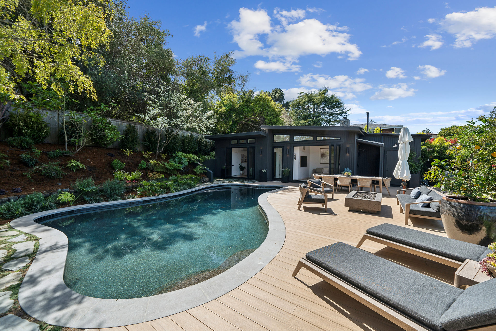 Tiburon 209 pool, cedar deck, and dark exterior of the house